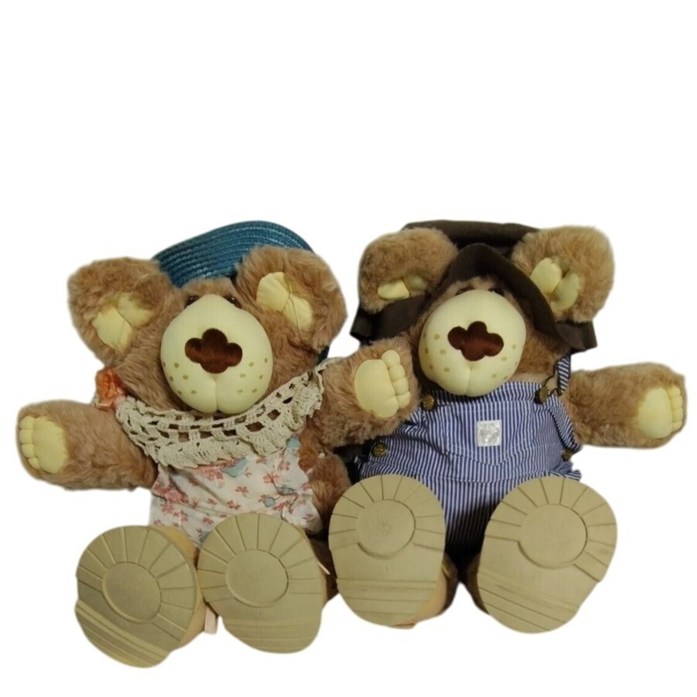 Vintage Teddy Bear Plush Set Boy Girl Overalls Hats Stuffed Animal‎ Toy